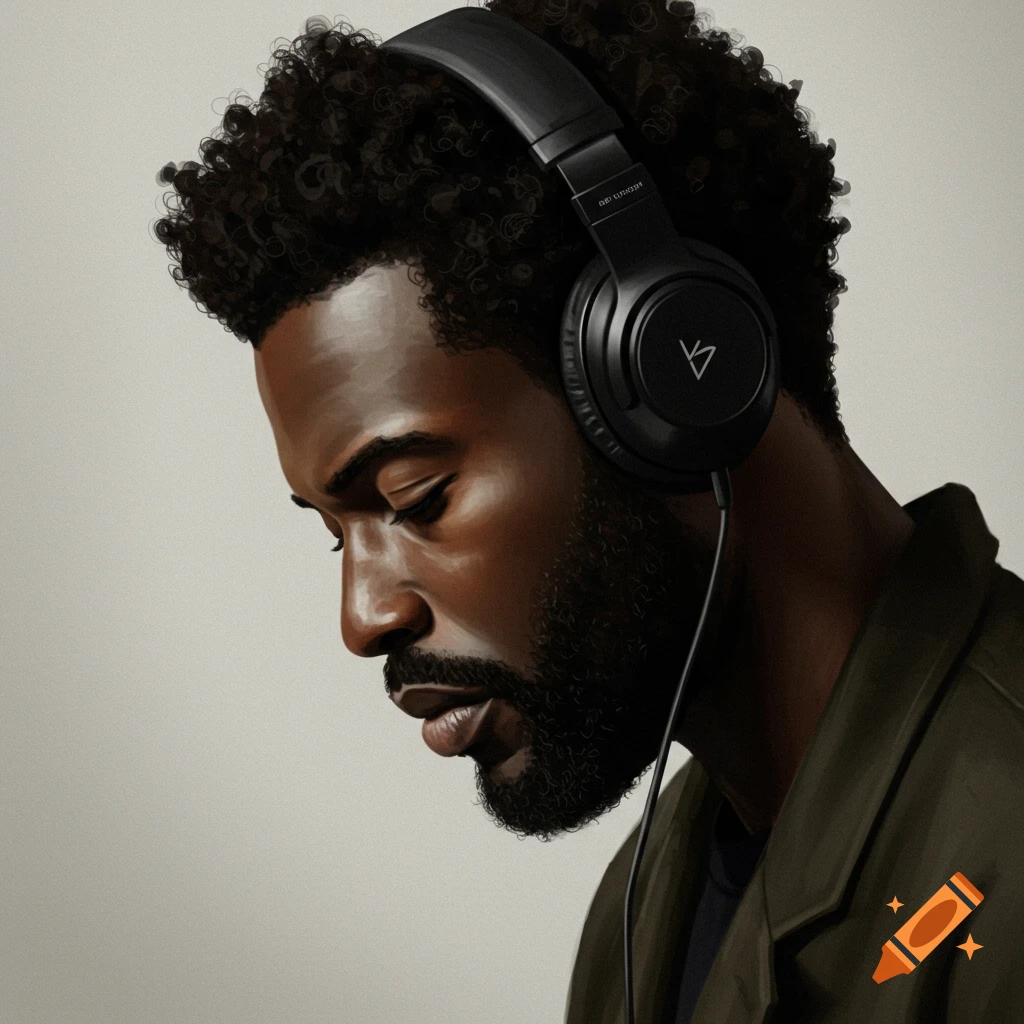 A man with eyes closed, head down, wearing headphones.