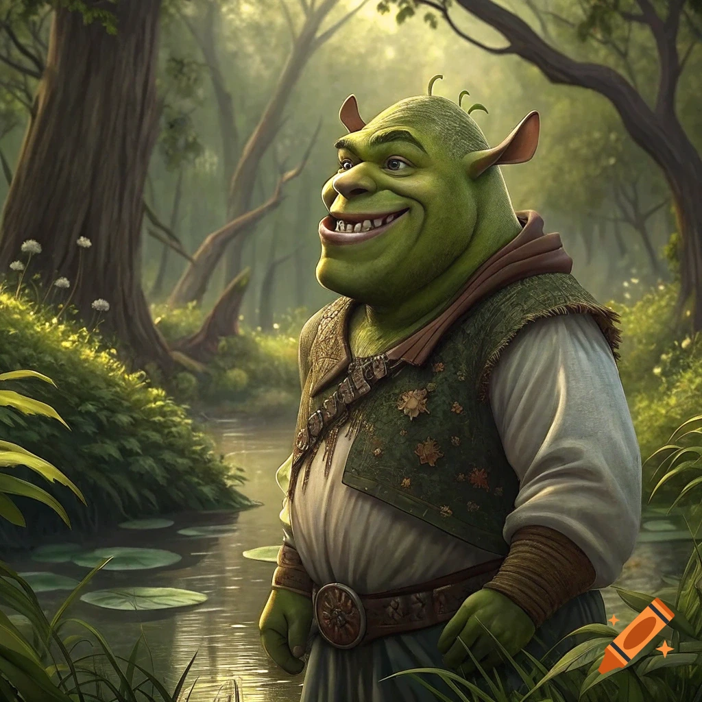 Photorealistic Shrek character stands smiling in a forest by a river.