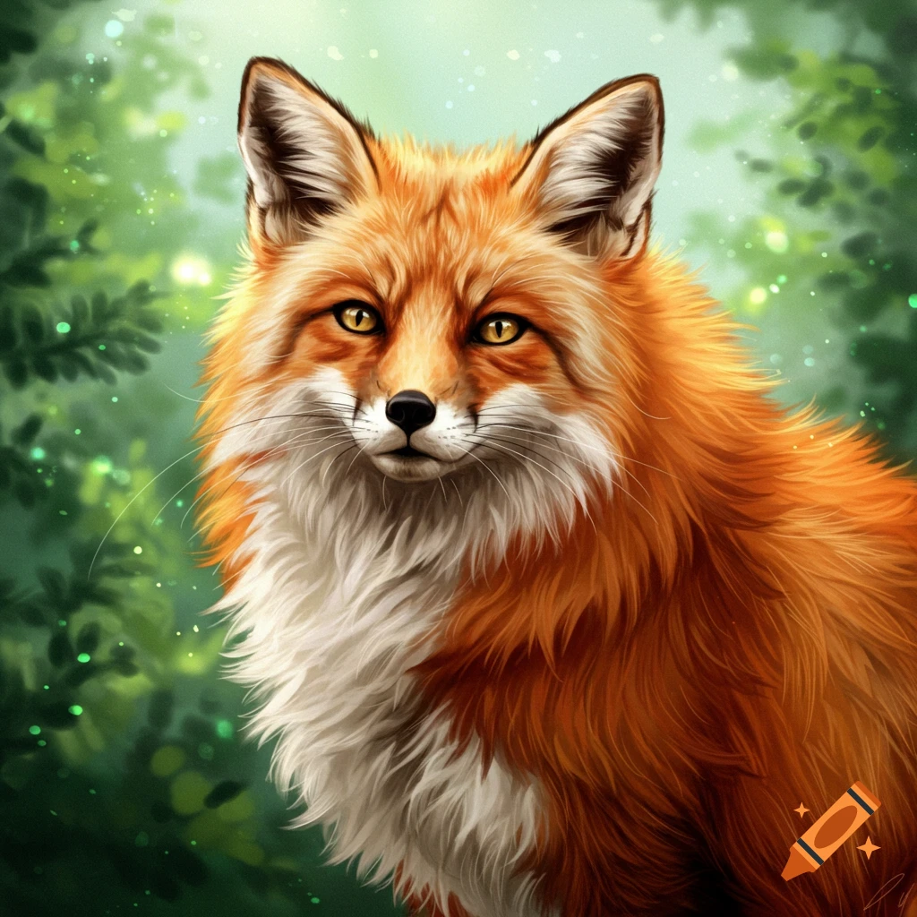 A close-up portrait of a fox with vibrant orange fur and striking large eyes. The background is a soft, out-of-focus green, suggesting a forest, and is dotted with sparkling highlights.