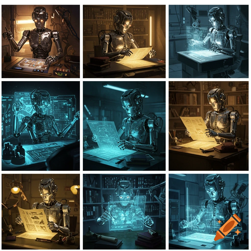 A grid of nine sci-fi images shows a metallic robot working at a desk, examining papers, screens, and holographic displays.