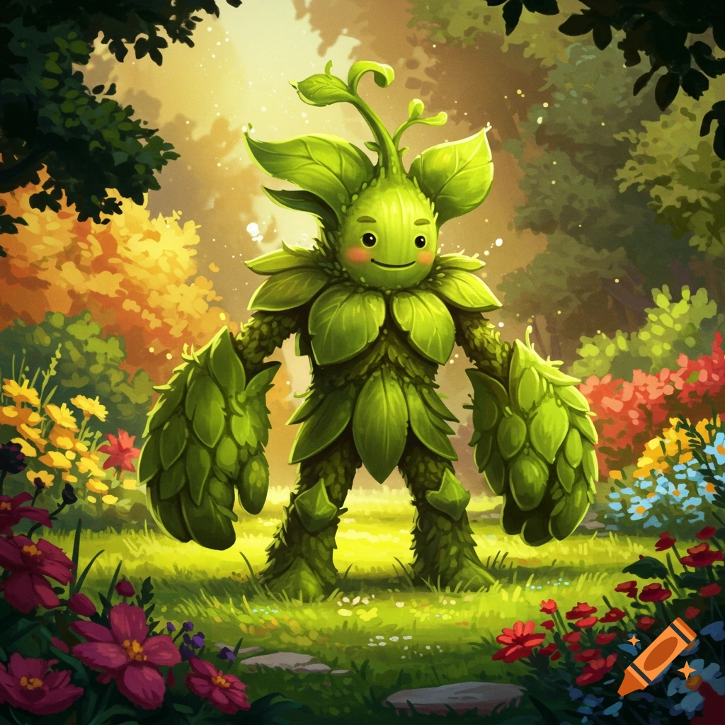 A cute, leafy green plant character in a sunny forest clearing.