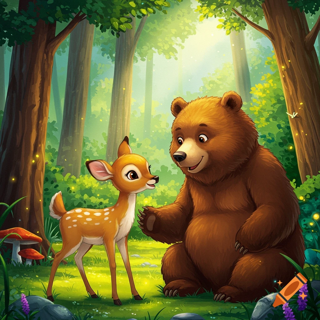 A cartoon bear sits with a young deer in a vibrant, sunlit forest in a children's book illustration style.