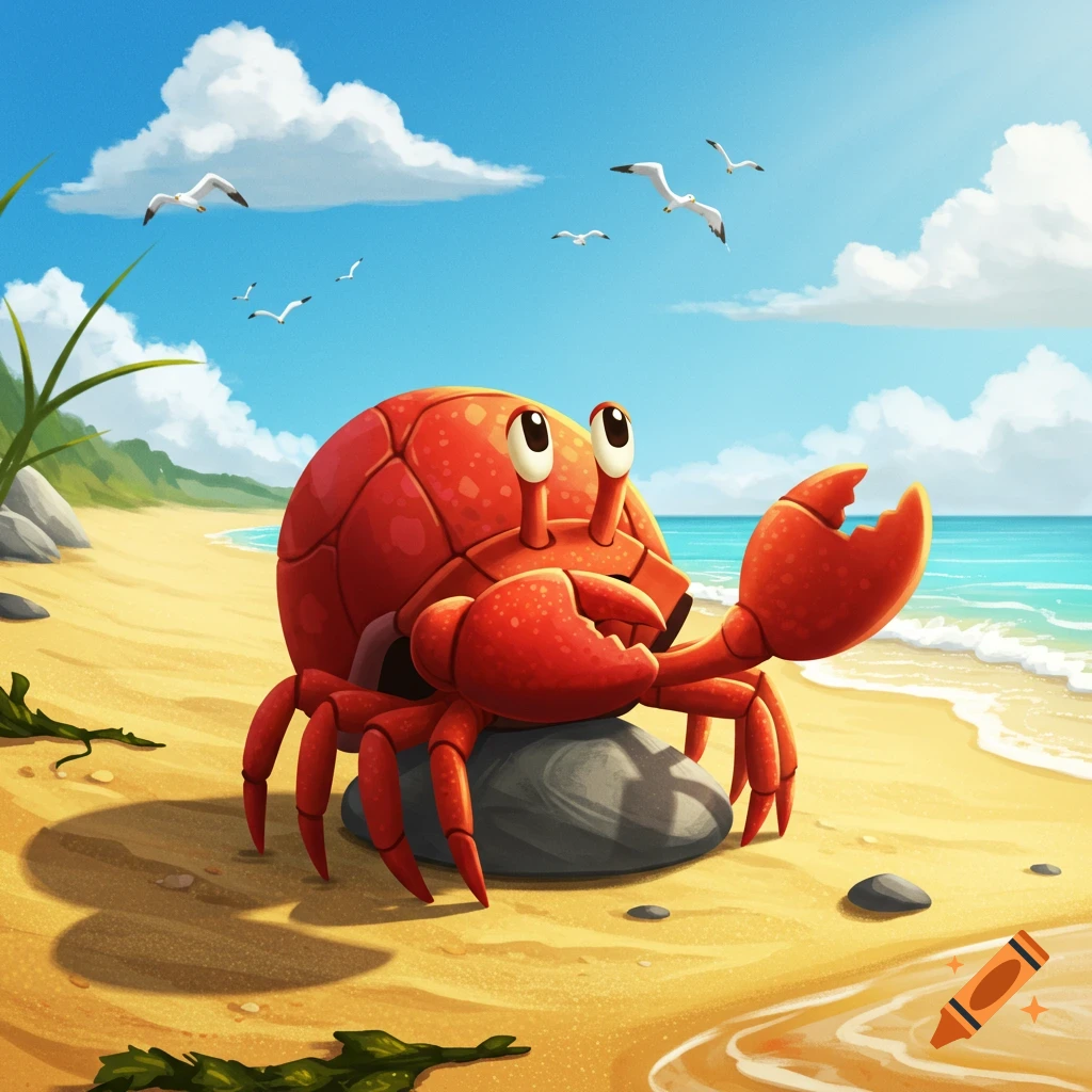 A cartoon red crab relaxes on a rock on a sunny beach.