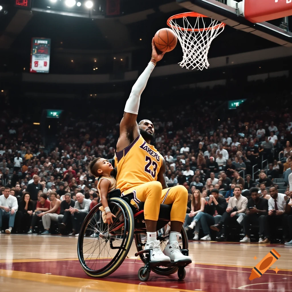 Lebron James dunks basketball over a child in a wheelchair during a game.