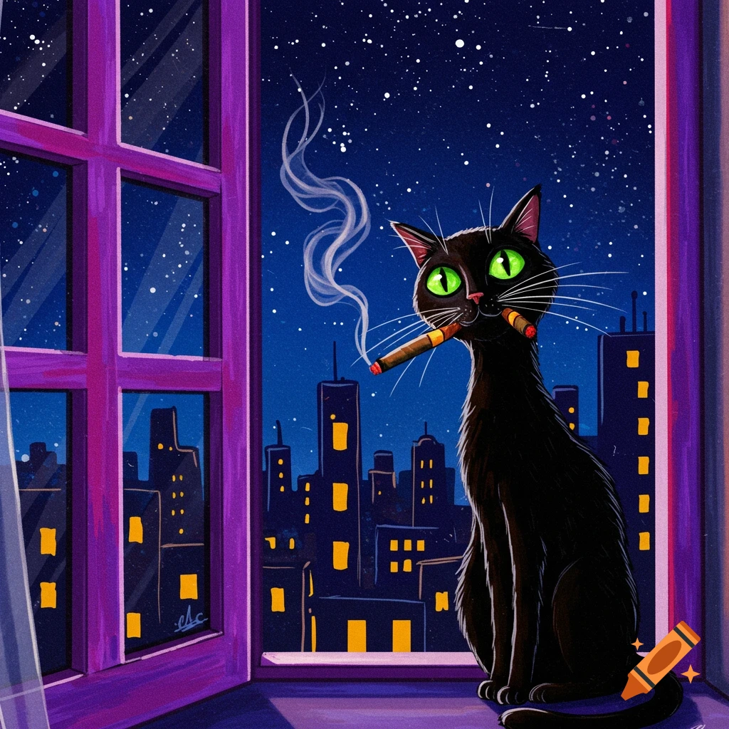 Funky painting of a black cat smoking a cigar on a windowsill overlooking a city at night.