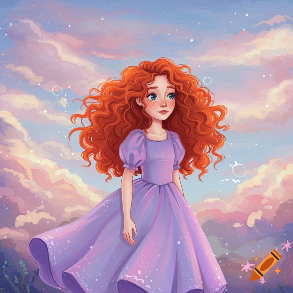 A young girl with red curly hair and a lavender dress stands in a field under a cloudy sky.