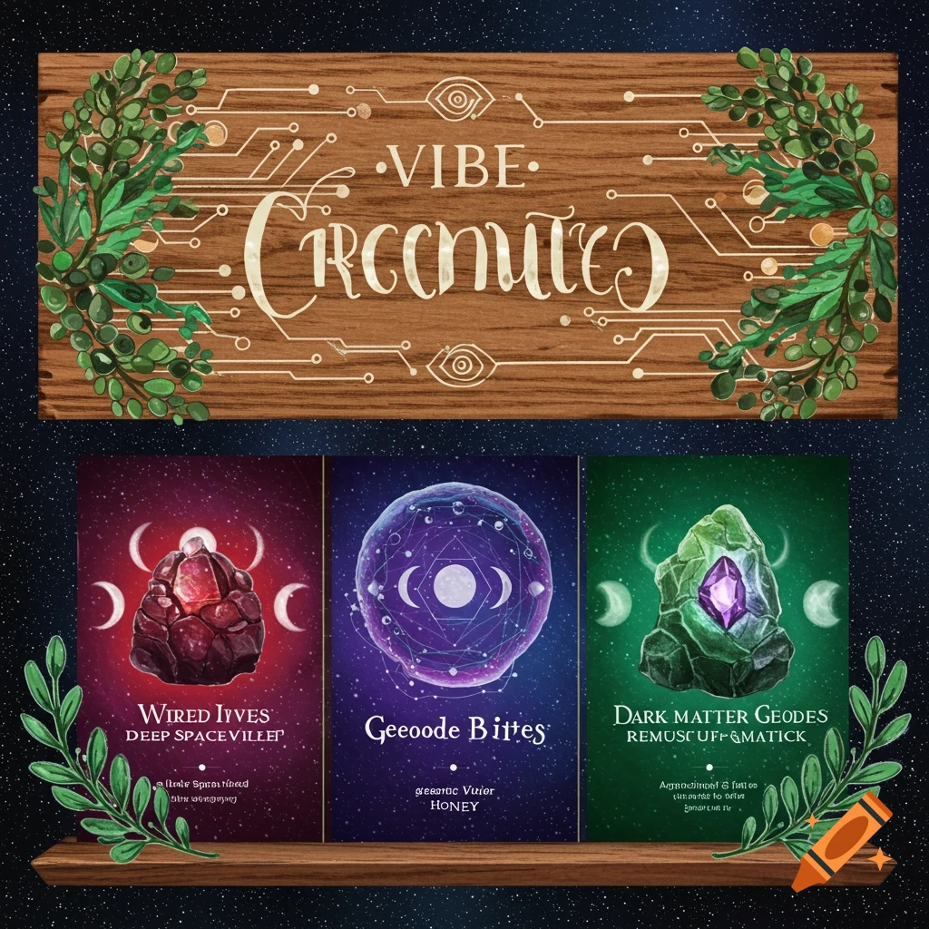 Mystical geodes are on a shelf below a wood sign with circuit patterns and greenery. The geodes are red, purple, and green, representing 'wired ivies', 'geode bites', and 'dark matter geodes'.