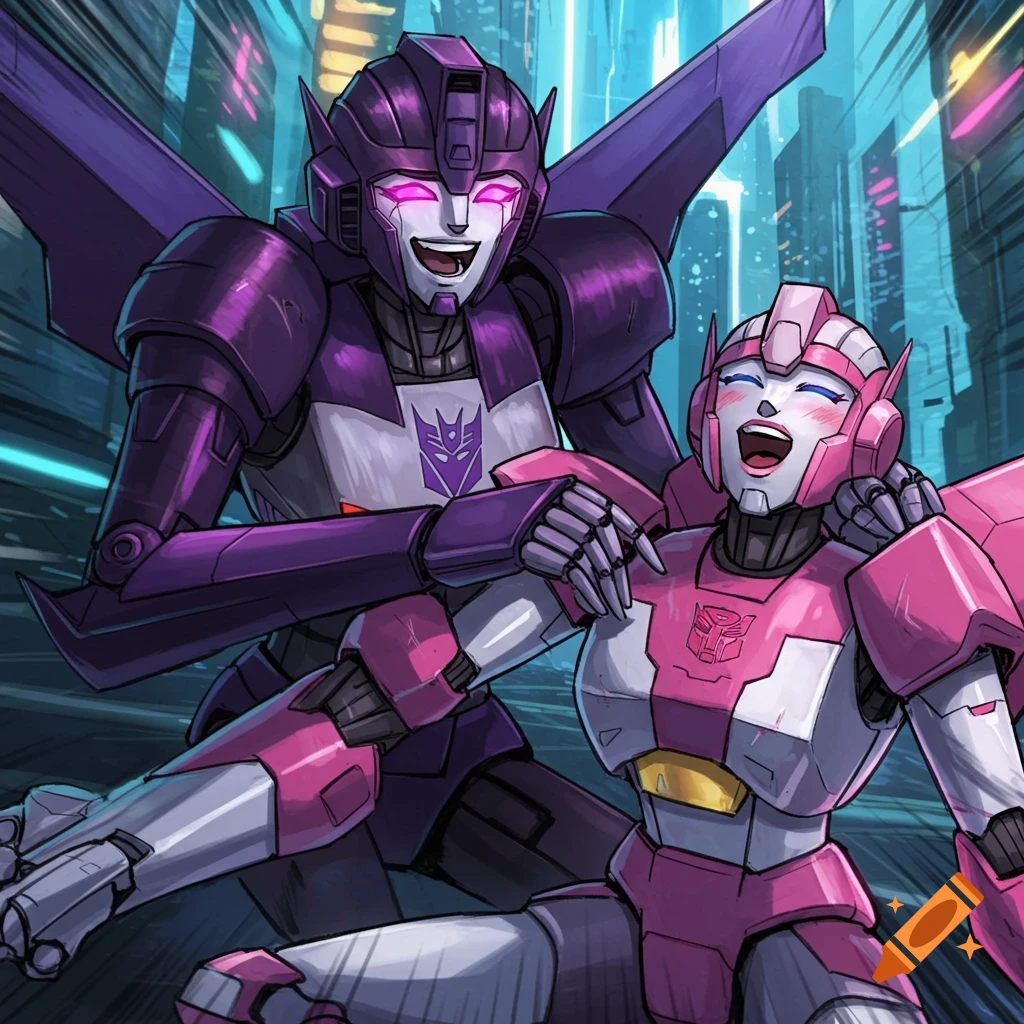 Decepticon Slipstream with Autobot Windblade in a city, anime style.