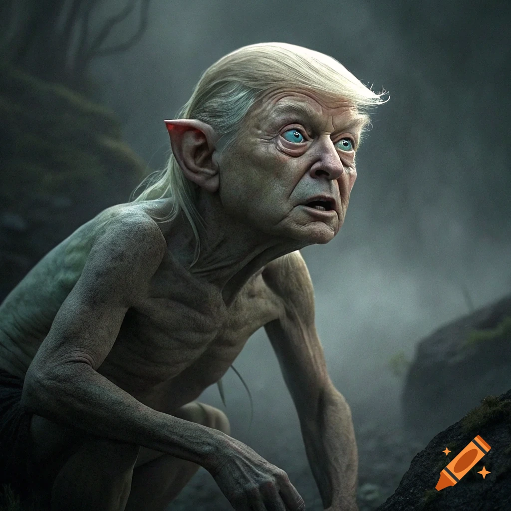 Creature with a gaunt body and Donald Trump's face stares intently in a misty forest.