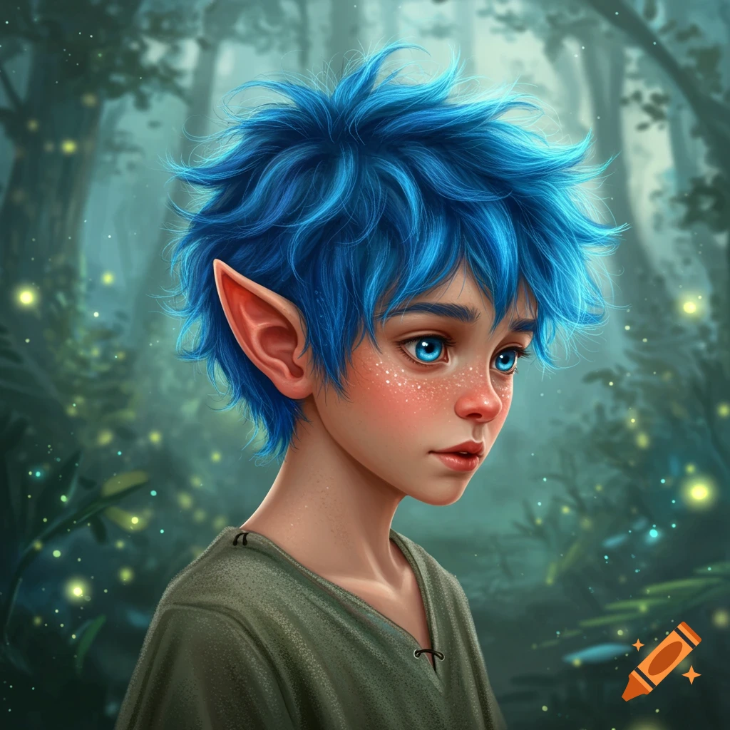 An elven boy with blue hair and freckles in a misty forest with glowing lights.