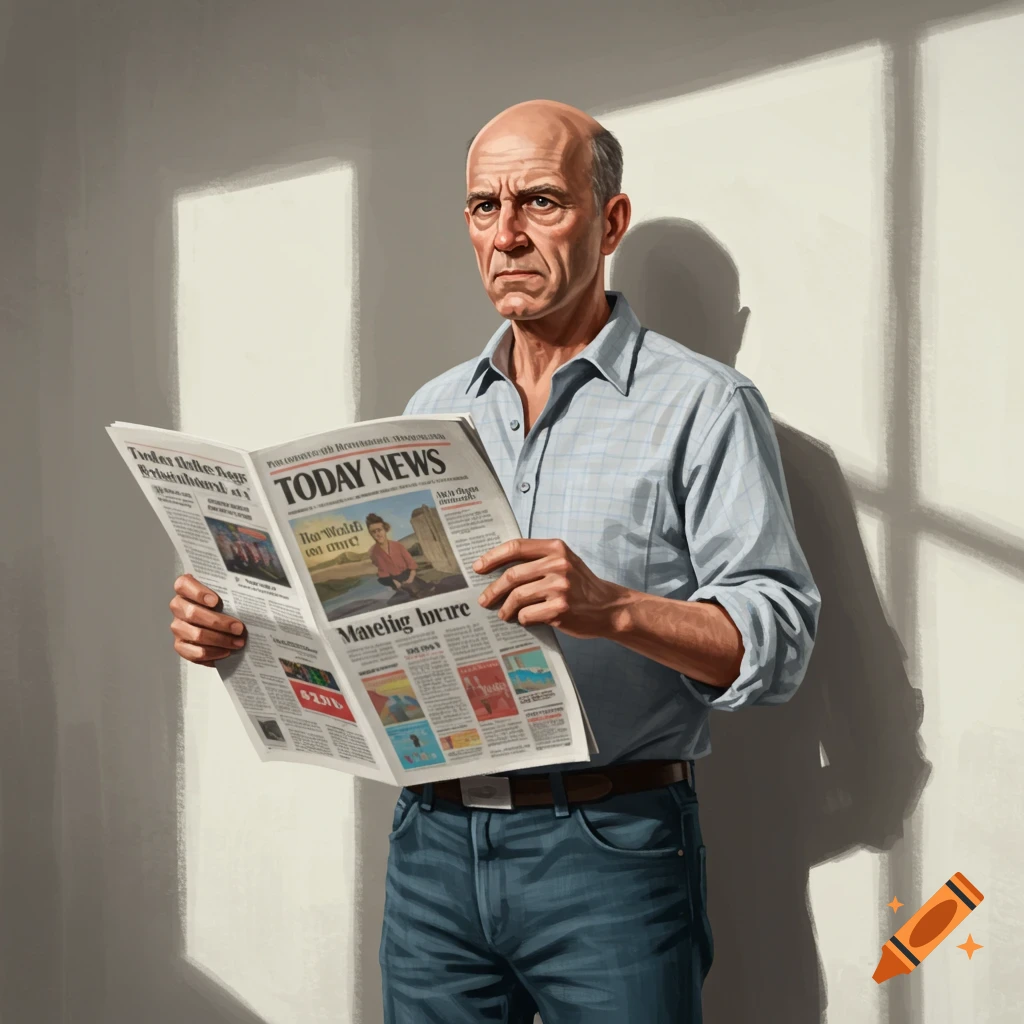 A bald man reading a newspaper in sunlight