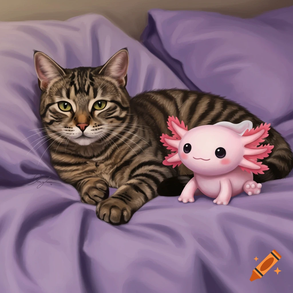 A tabby cat and a pink axolotl plushie laying on a purple bed.