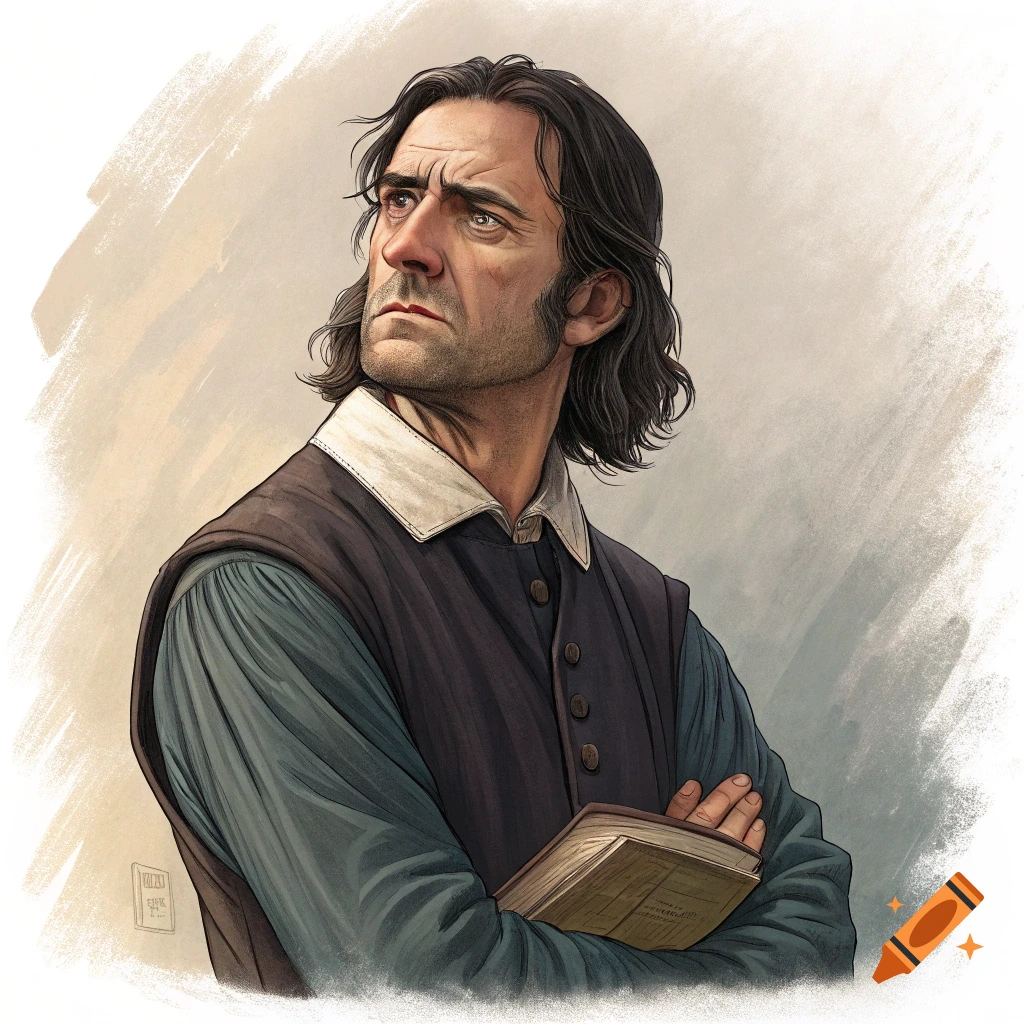 Illustration of a man in historical clothing holding a book, looking away pensively.