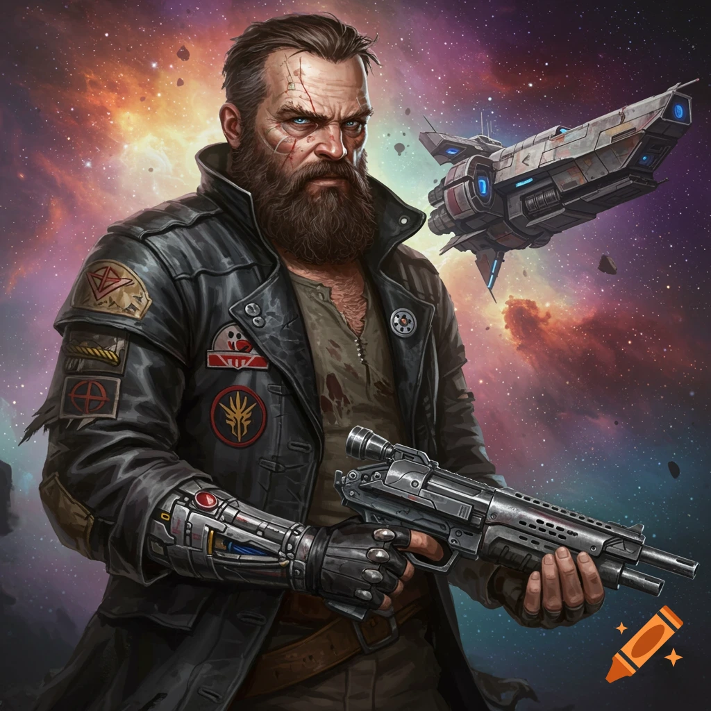 A gritty space pirate holding a gun with a spaceship and nebula background.