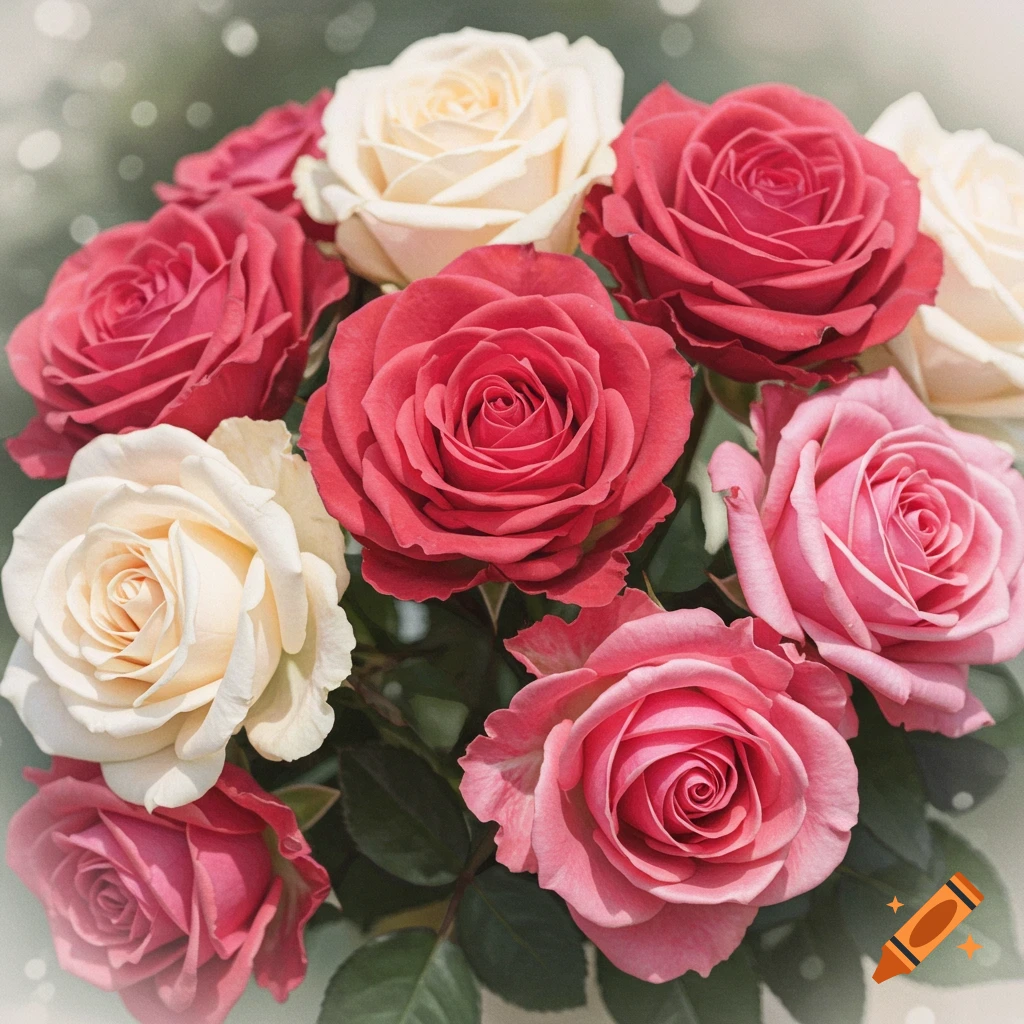 A bouquet of pink, red, and white roses.