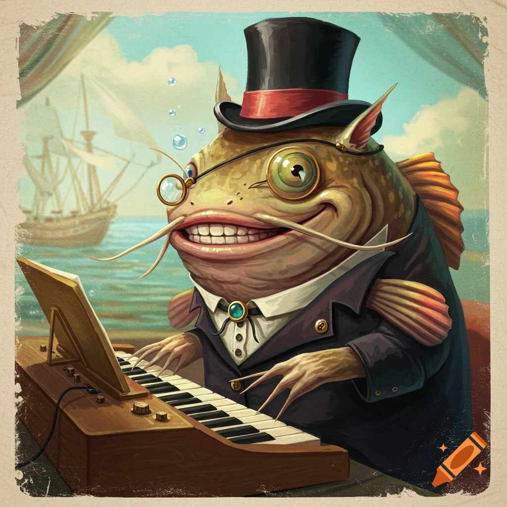 A dapper catfish in a top hat and monocle plays a keyboard on a ship at sea.