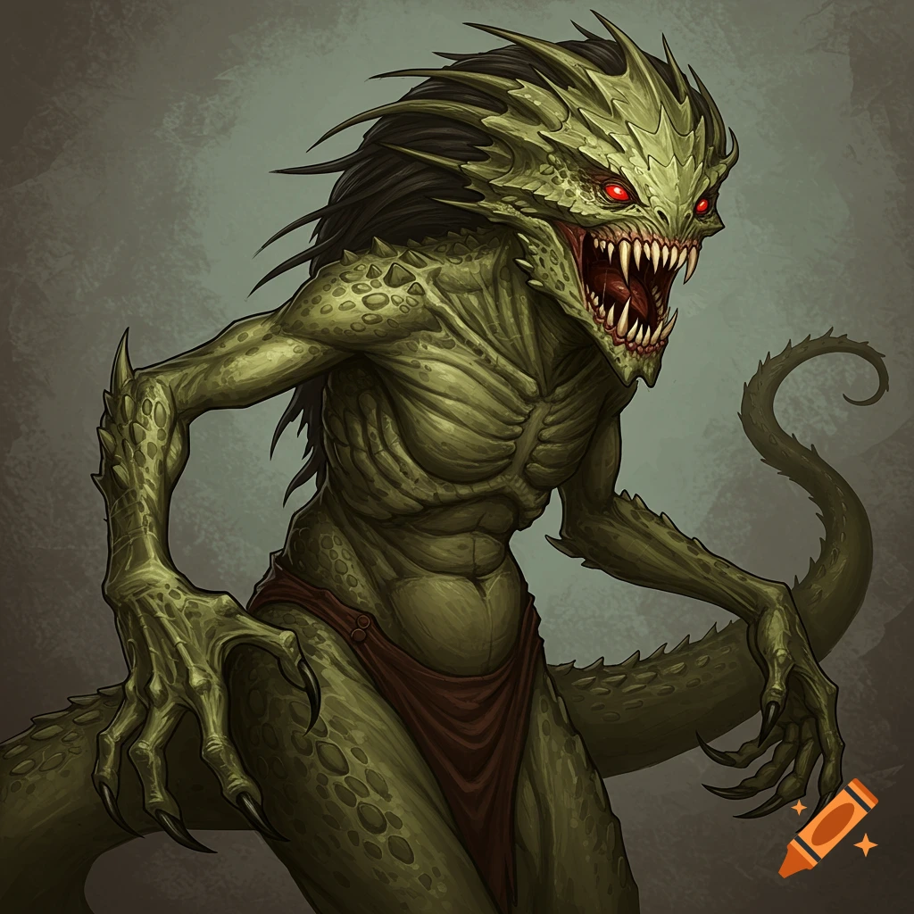 A green scaly reptilian creature with sharp teeth and red eyes.