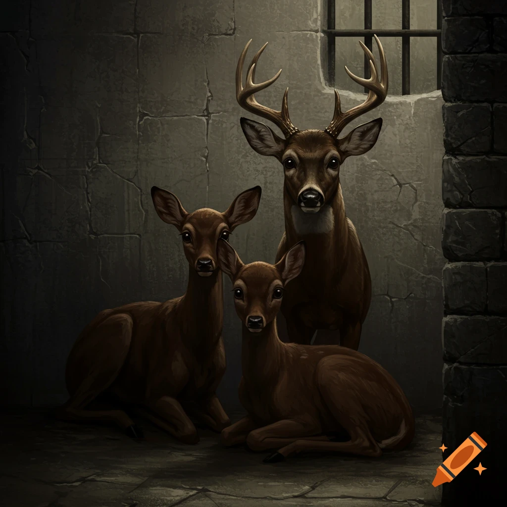 An image shows two young deer and one adult deer with antlers inside a dark jail cell.