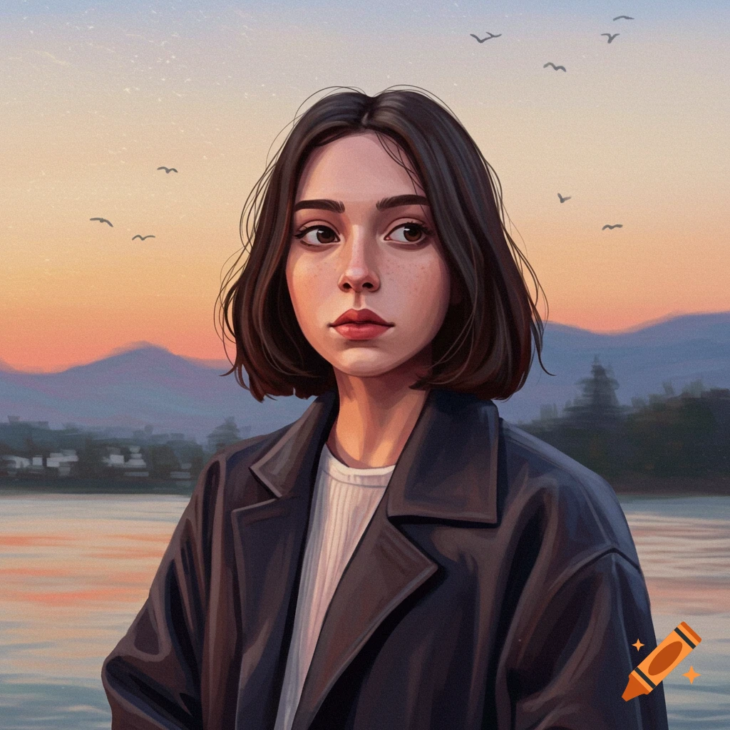 Painting of a woman with short brown hair looking at a sunset landscape.