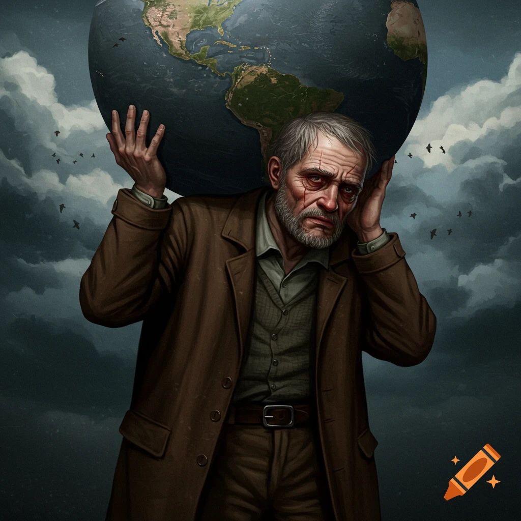 A weary man is shown carrying the earth on his shoulders.