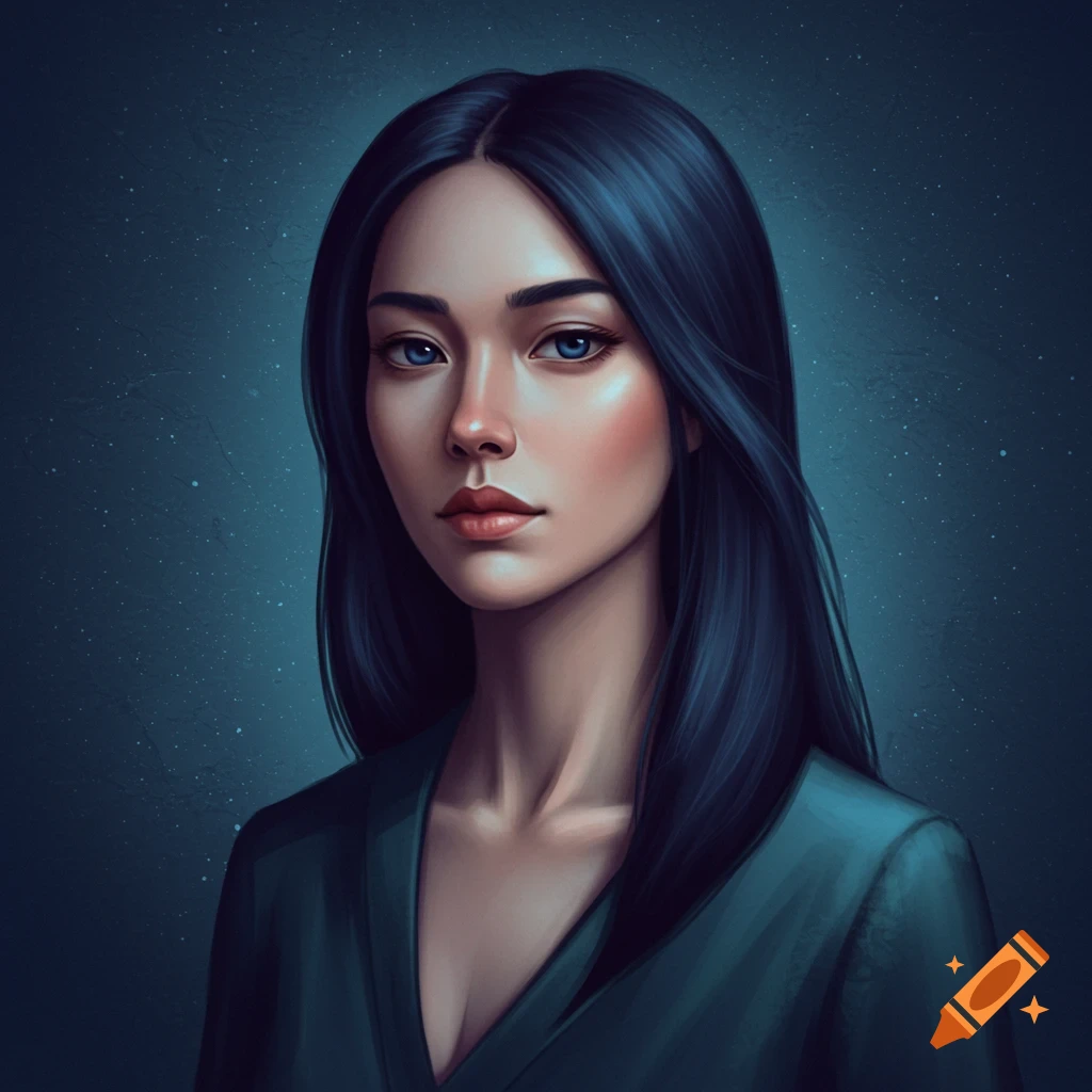 A woman with dark hair and blue eyes against a starry background.