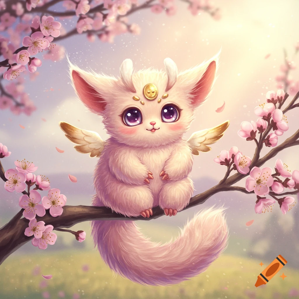A cute fantasy creature with pink fur, wings, and horns sits on a cherry blossom branch.