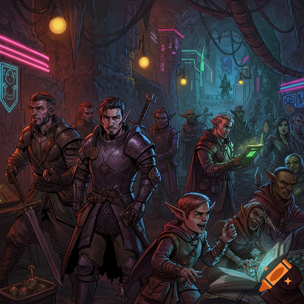 Painting of fantasy characters in a neon-lit underground passage with shops.