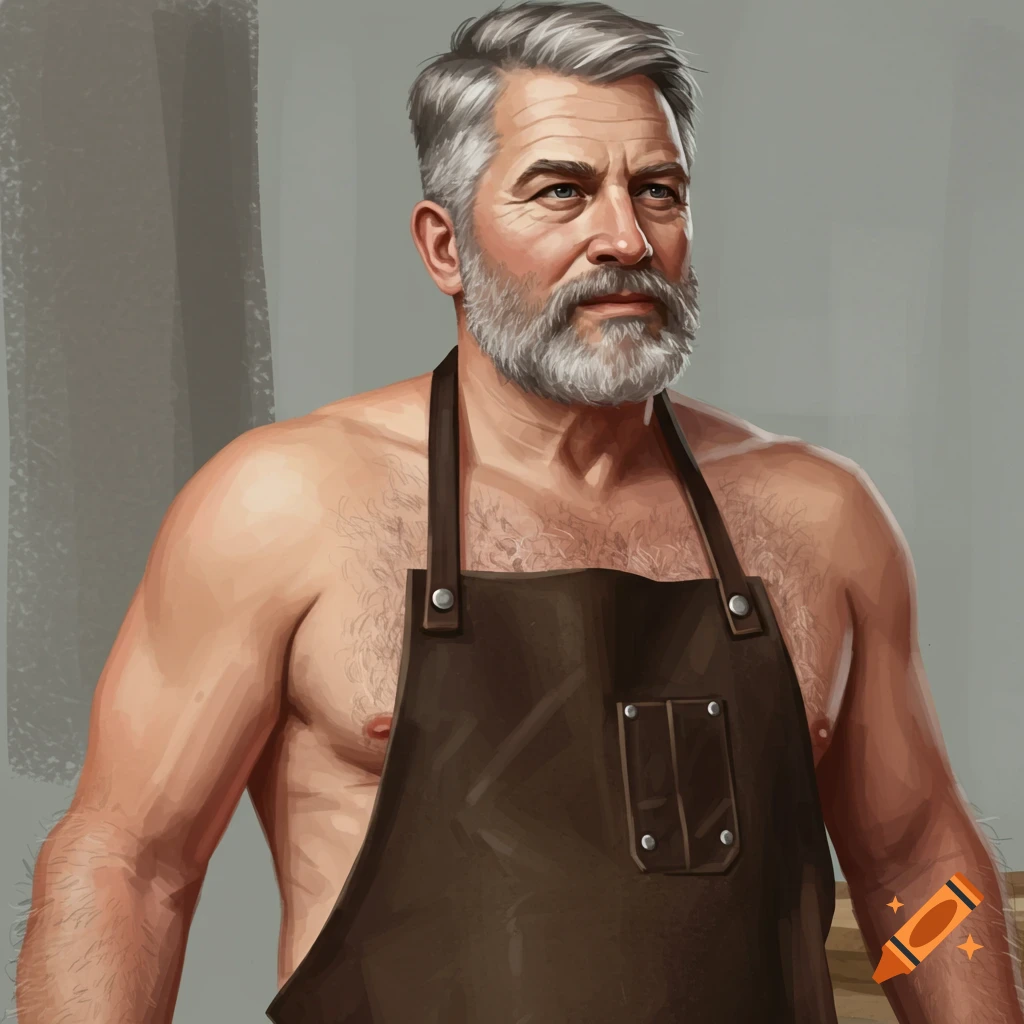 A bearded man with grey hair wearing a leather apron.