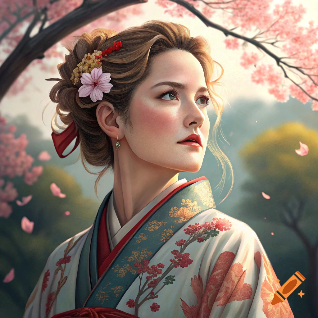 A portrait of a woman in an Asian-inspired floral outfit with cherry blossoms in the background.