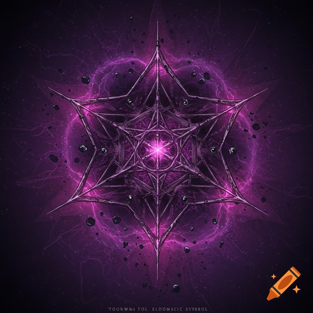 A purple abstract symbol with spikes, glowing aura, lightning, and floating objects in a digital art style.
