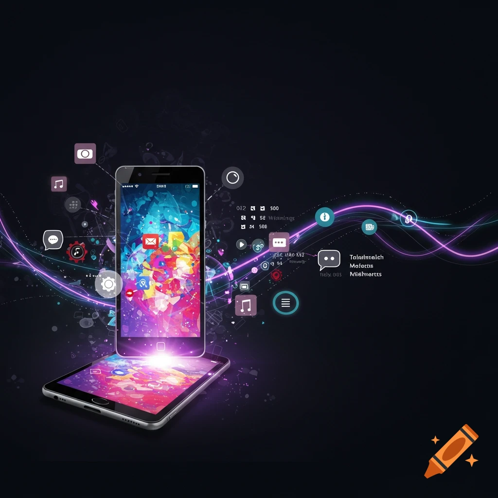Digital art of a smartphone and tablet with abstract screens, surrounded by glowing data streams and icons.