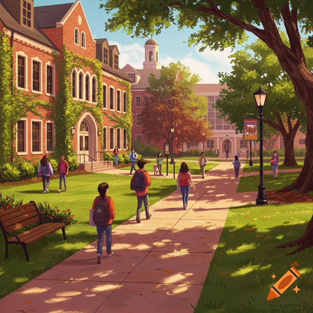 Students walking across a college campus with red brick buildings.