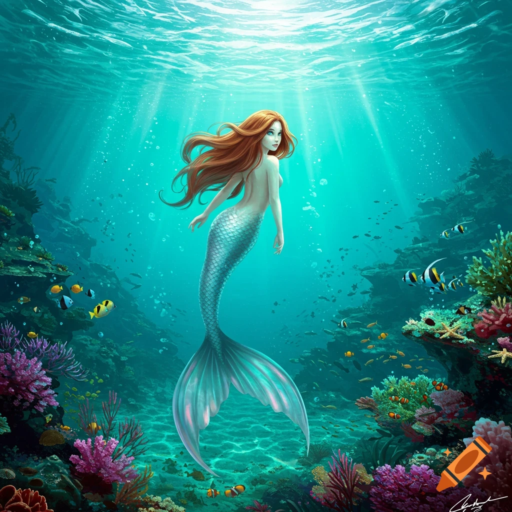 A mermaid swimming in a vibrant coral reef with fish.