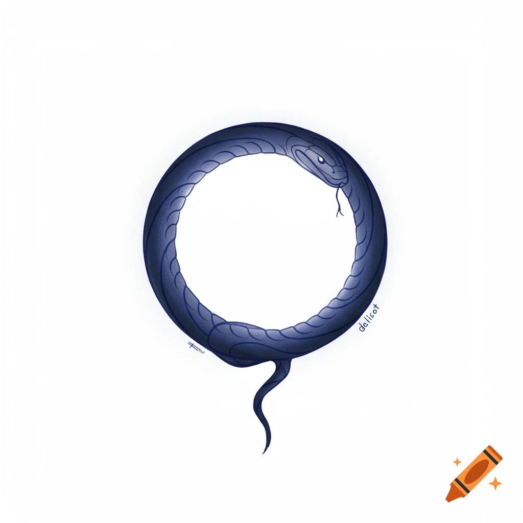 A dark blue snake forms a circle by eating its tail in a minimalist digital art style.