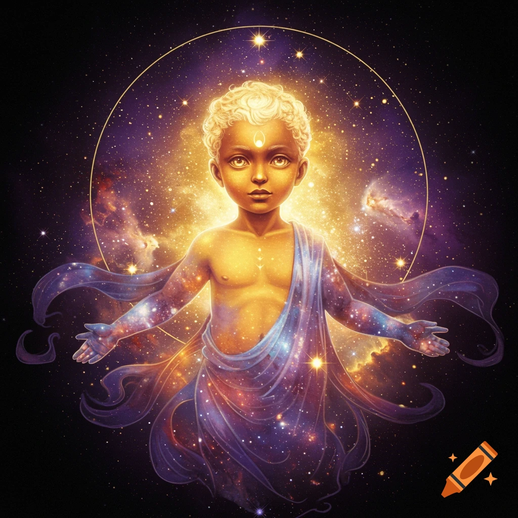 A young child in blue robes is surrounded by stars and nebula in space.