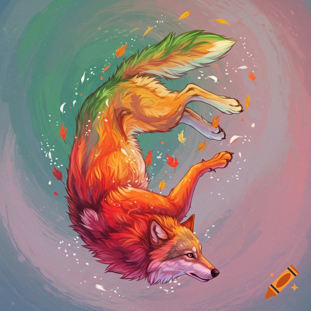 A fox falling, its fur changing seasonal colors with leaves swirling around it.