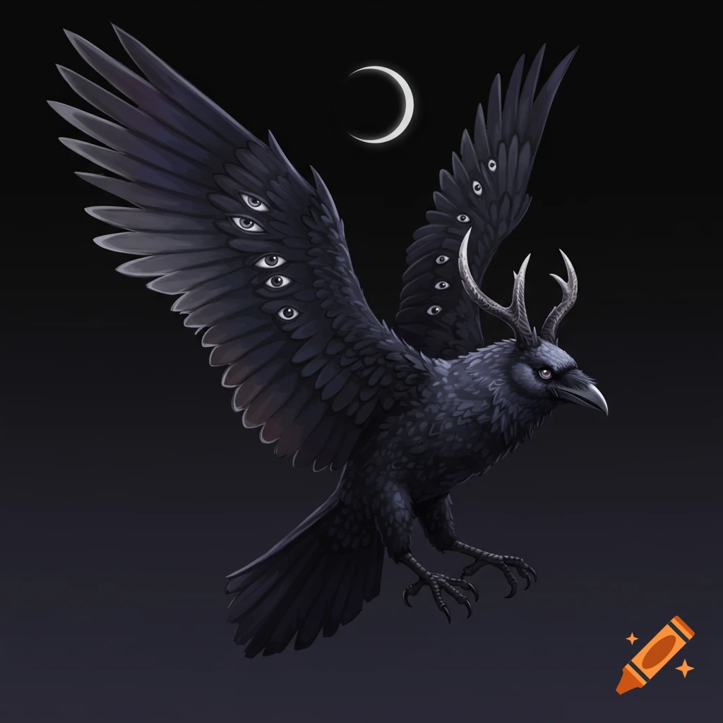 A dark, horned raven creature with multiple eyes on its wings, flying under a crescent moon.