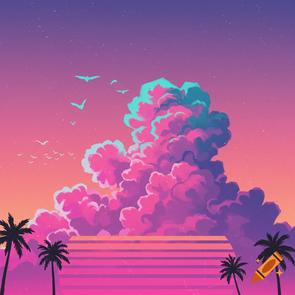 Vaporwave landscape with large pink and blue cloud, palm trees, and birds against a purple and orange sunset sky.