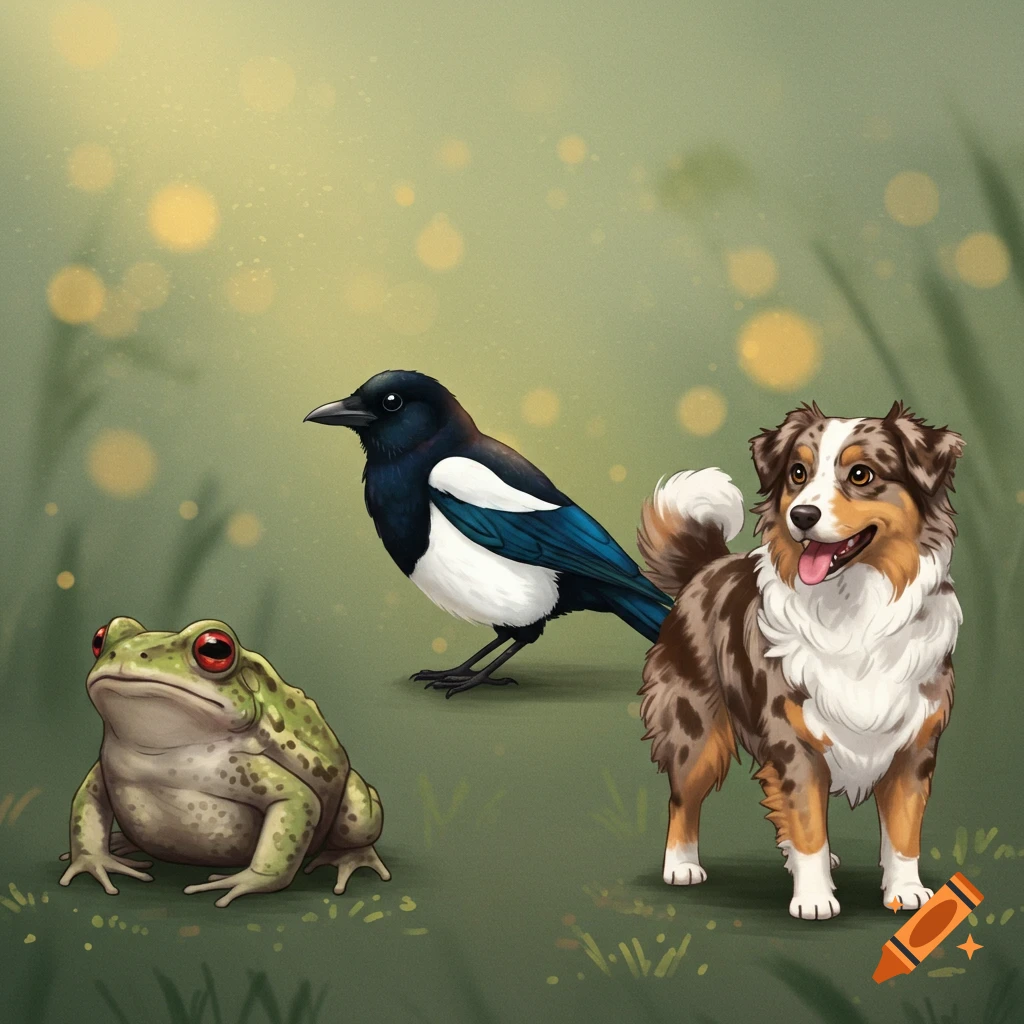 A frog, a magpie, and a dog standing together.