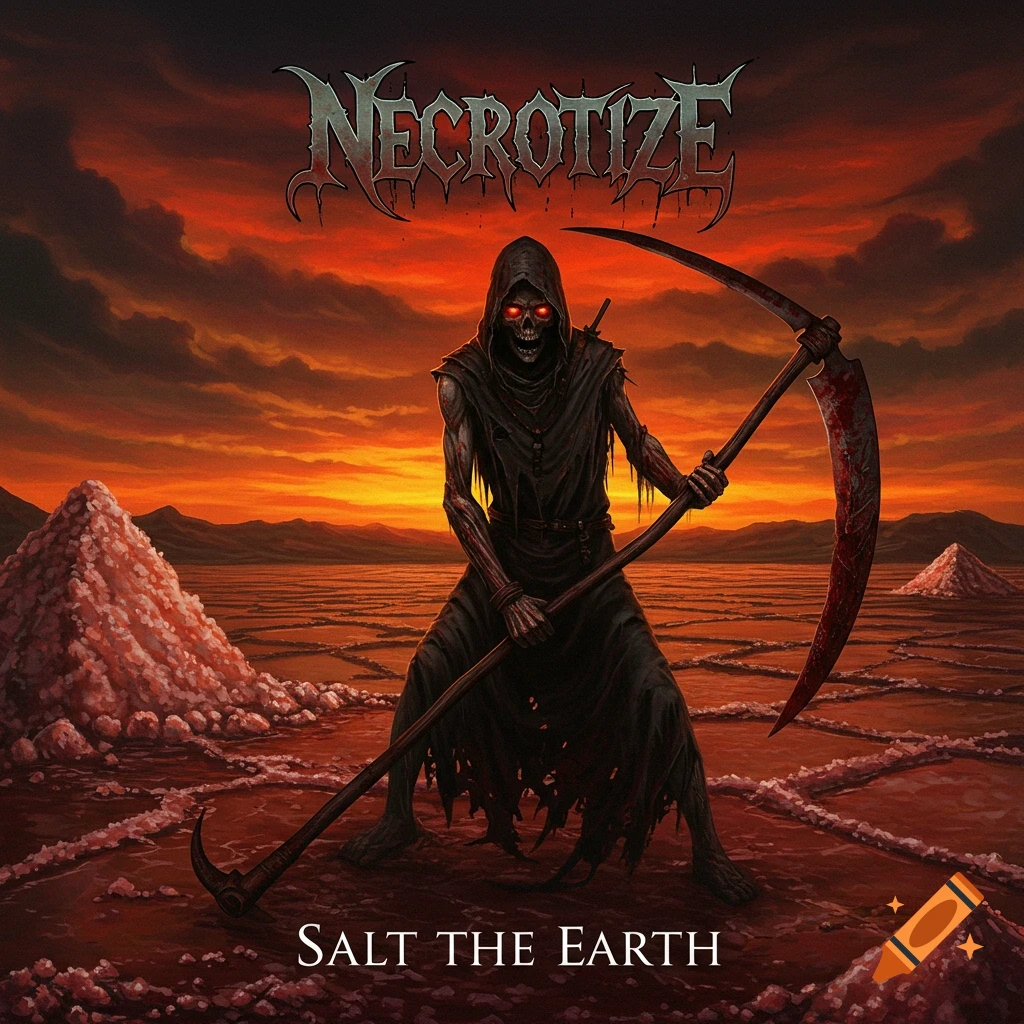 Album cover with a hooded figure holding a scythe in a red landscape with text 'Necrotize Salt the Earth'.