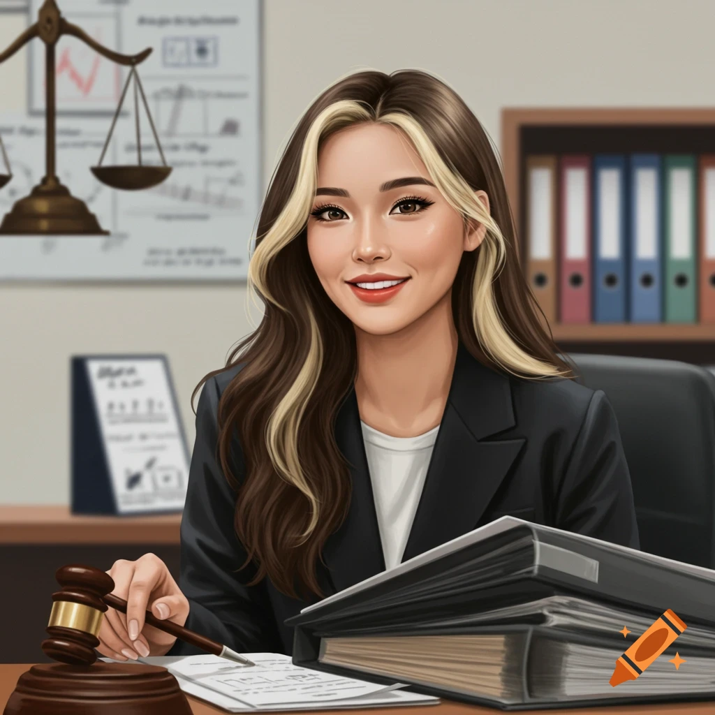 An Asian woman lawyer in an office with a gavel and legal files.