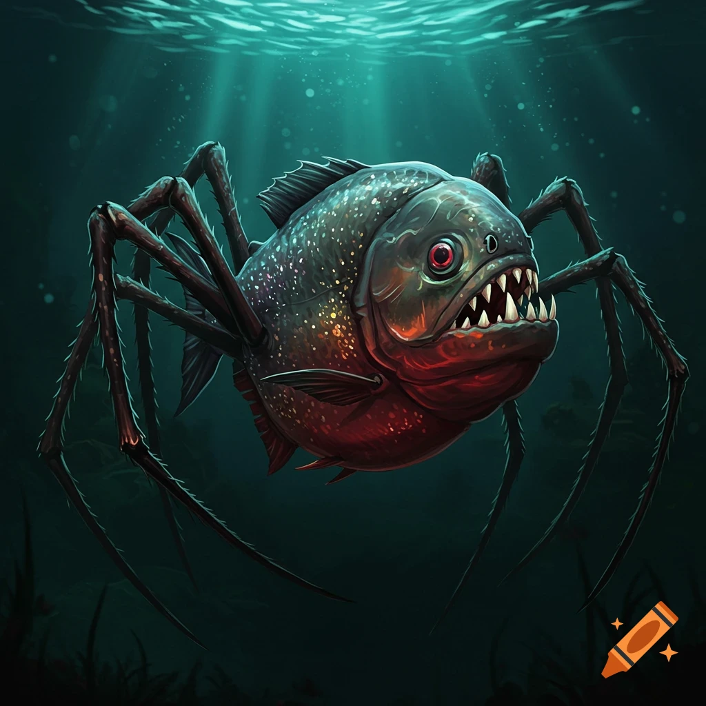 A piranha-like creature with spider legs swims underwater.