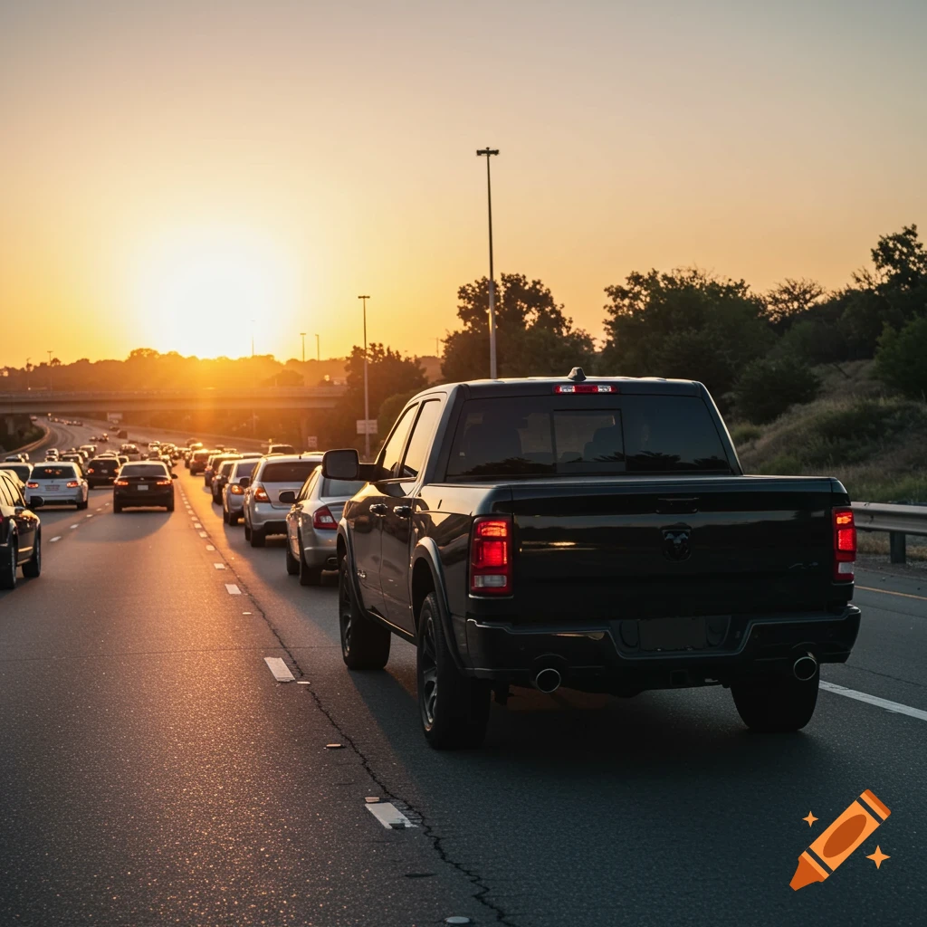 A black Ram 1500 pickup truck is stuck in traffic on a highway at sunset.