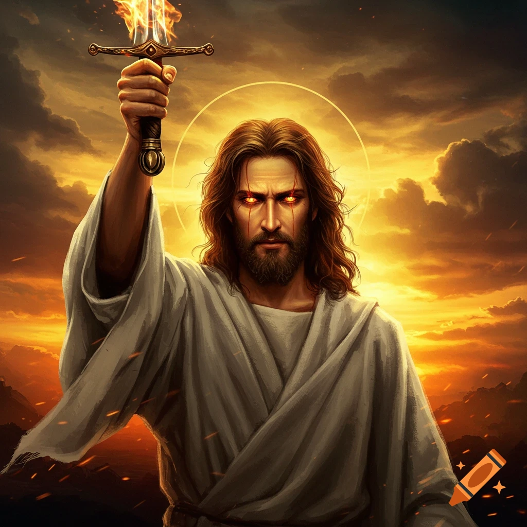 Jesus Christ with glowing eyes holding a flaming sword under a dramatic sunset.