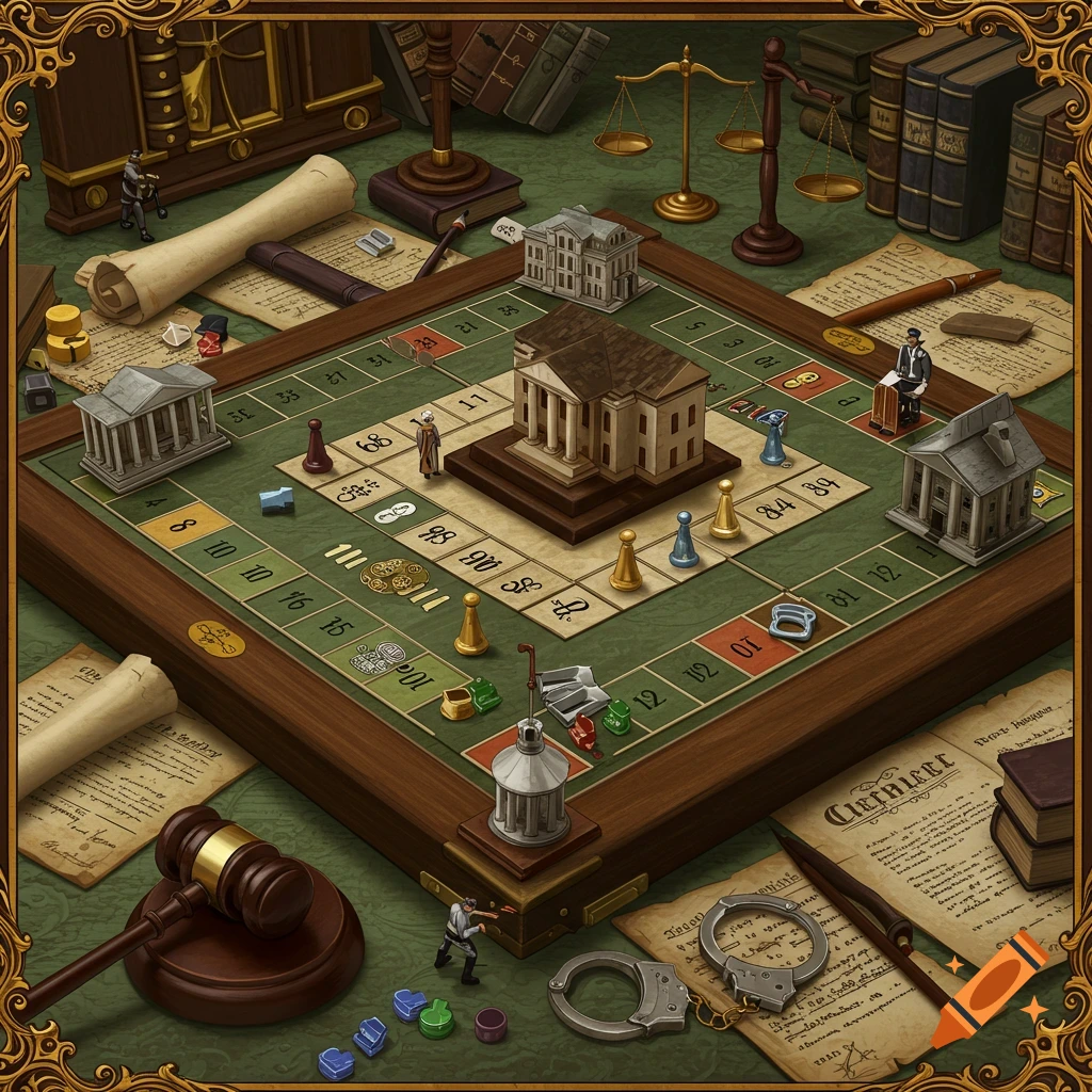 A board game with a legal theme, featuring miniature buildings, game pieces, dice, papers, a gavel, handcuffs, and scales of justice.