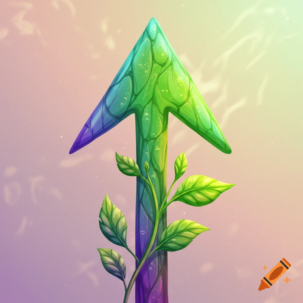 An upward arrow wrapped with a leafy stem.