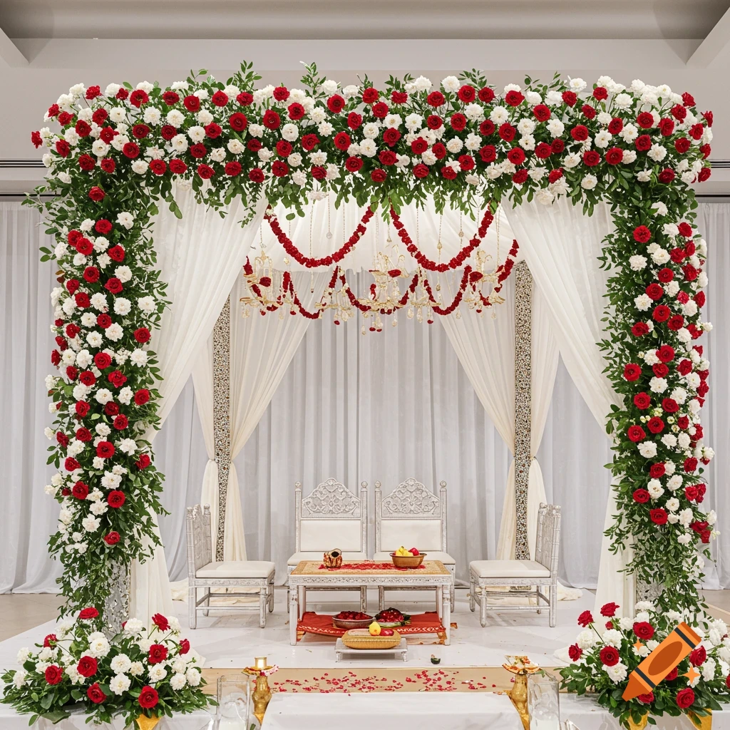 A decorated wedding mandap with red and white flowers and sheer curtains.