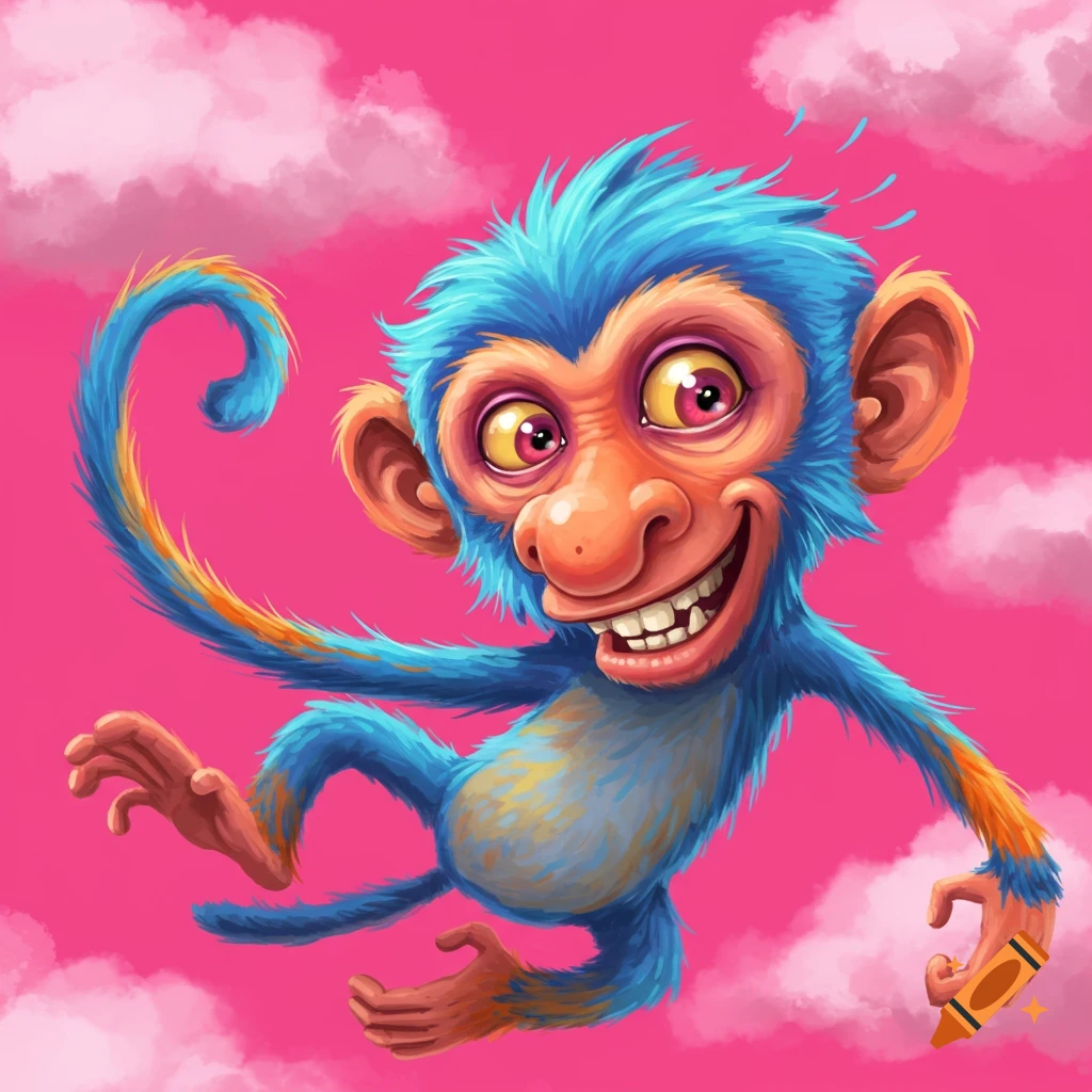 A cartoon blue monkey with an orange face smiles widely in a pink sky with clouds.