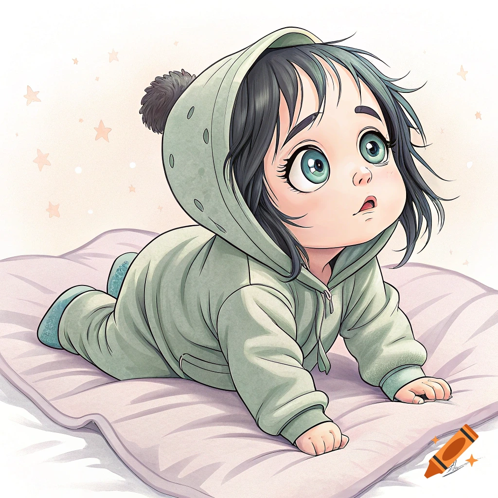 Cartoon drawing of a baby in a green hooded outfit crawling on a pink pillow.