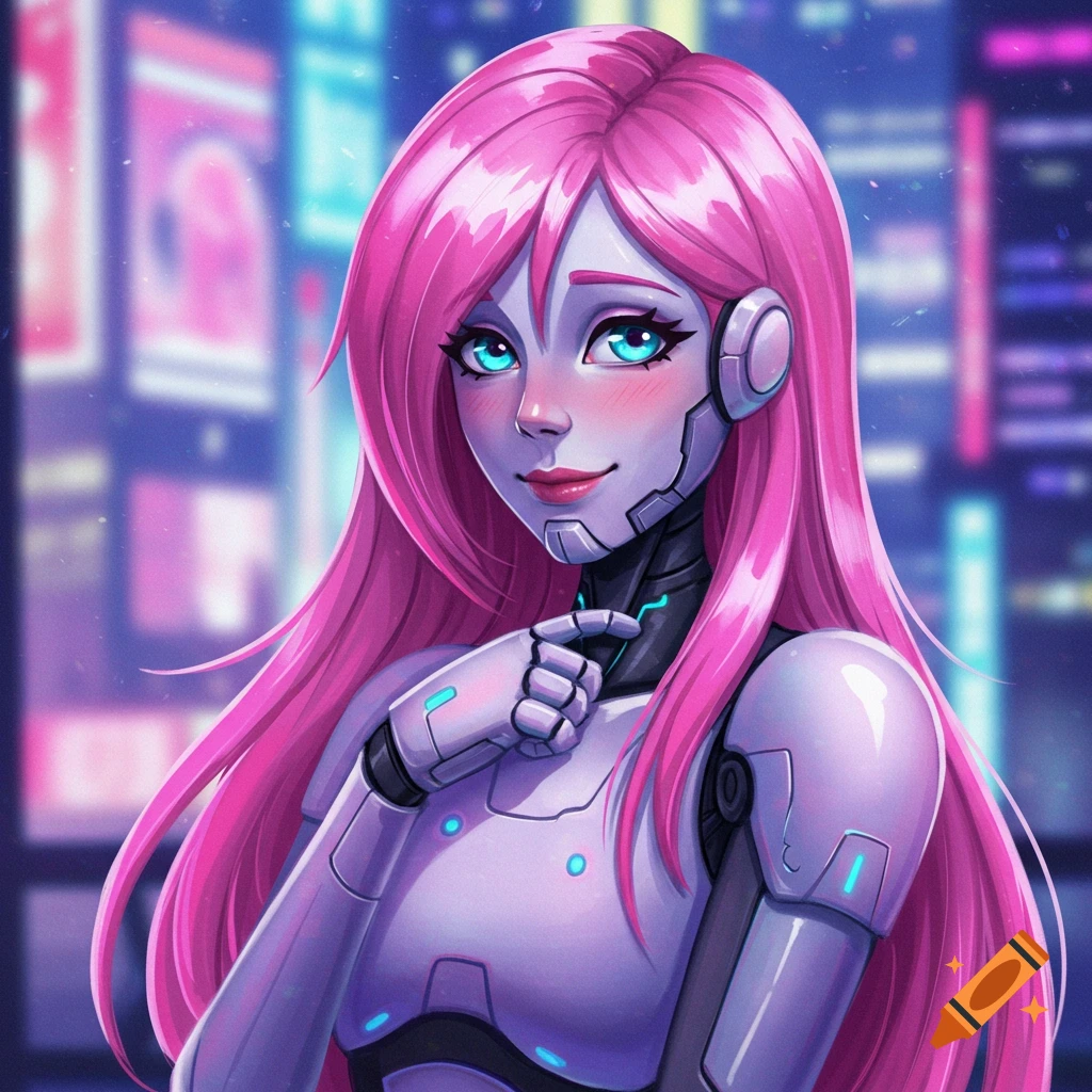 Anime portrait of a smiling robot character with pink hair and blue eyes in a cyberpunk city.